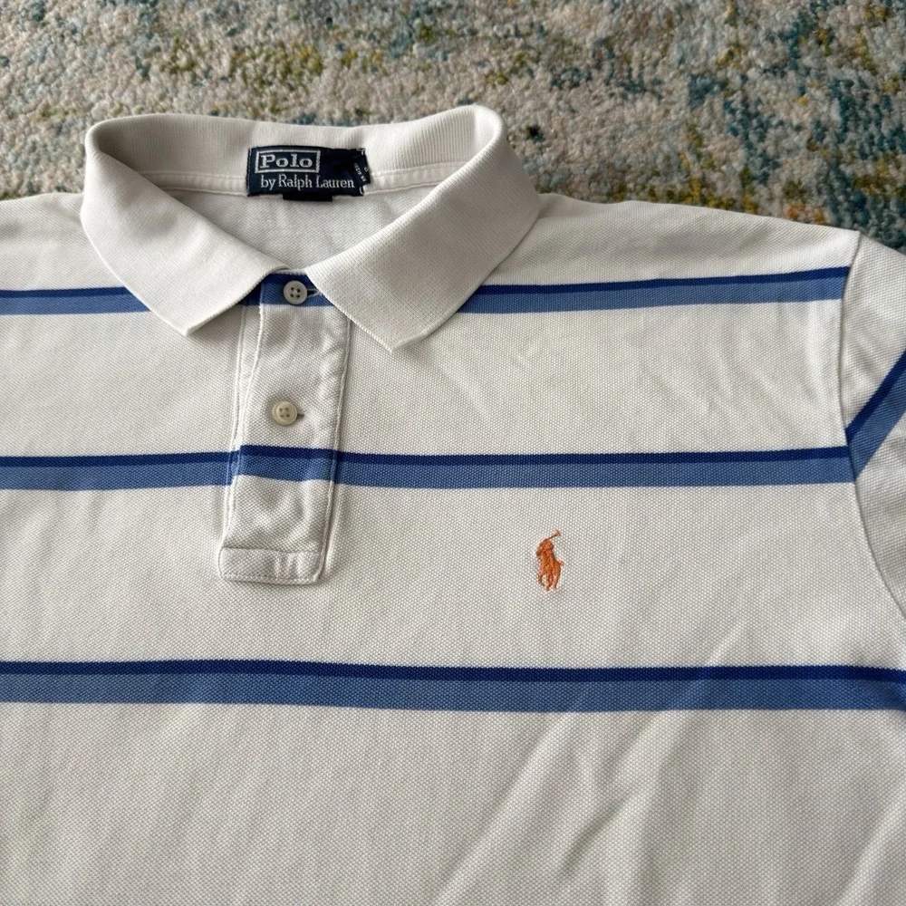 Polo by Ralph Lauren Striped Polo Shirt XL - White & Blue Short Sleeve